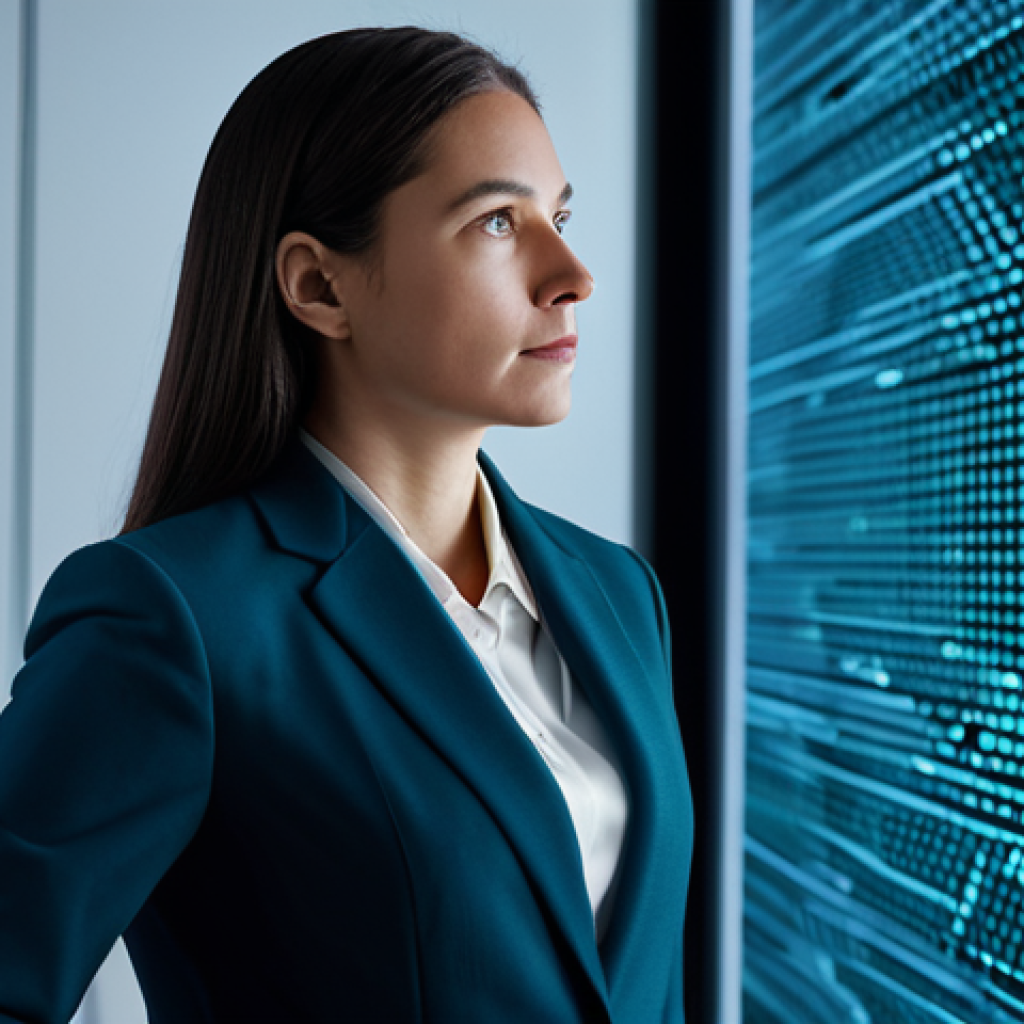A professional female AI ethicist, fully clothed in a modest business suit, stands thoughtfully in a sleek, modern tech office. Abstract digital patterns and subtle data visualizations glow softly in the background, symbolizing the complex nature of artificial intelligence. Her expression is serious yet contemplative, reflecting deep thought on the benefits and ethical challenges of AI. Professional photography, high resolution, soft lighting, safe for work, appropriate content, family-friendly, perfect anatomy, correct proportions, natural pose, well-formed hands, proper finger count, natural body proportions.