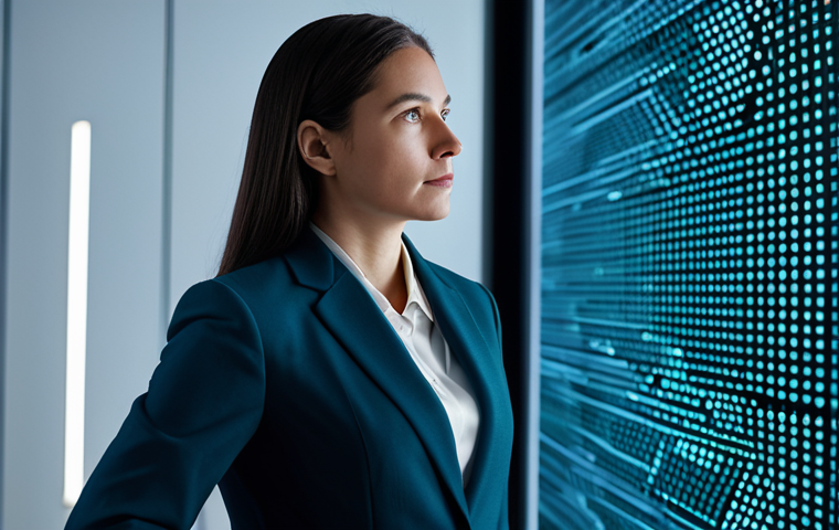 A professional female AI ethicist, fully clothed in a modest business suit, stands thoughtfully in a sleek, modern tech office. Abstract digital patterns and subtle data visualizations glow softly in the background, symbolizing the complex nature of artificial intelligence. Her expression is serious yet contemplative, reflecting deep thought on the benefits and ethical challenges of AI. Professional photography, high resolution, soft lighting, safe for work, appropriate content, family-friendly, perfect anatomy, correct proportions, natural pose, well-formed hands, proper finger count, natural body proportions.