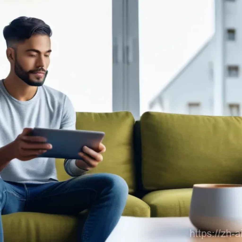 AI 윤리와 법률 - **Prompt:** A young adult (20s-30s) in a brightly lit, modern smart home living room. They are casua...