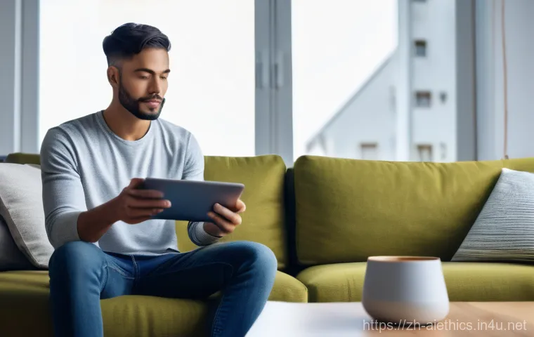 AI 윤리와 법률 - **Prompt:** A young adult (20s-30s) in a brightly lit, modern smart home living room. They are casua...