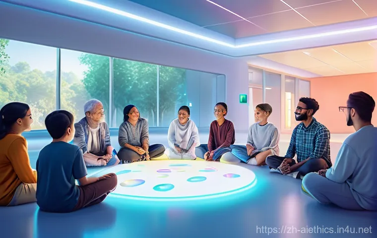 AI 윤리와 AI 윤리적 의사결정 - **Prompt:** A vibrant, highly detailed digital painting depicting a diverse group of people spanning...