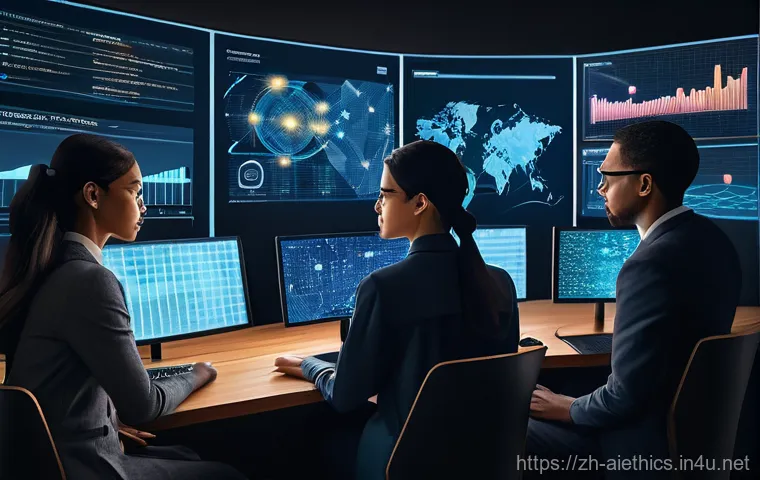 AI 윤리와 AI 개발자 책임 - **Prompt 1: AI Transparency and Building Trust**
    A futuristic, brightly lit collaborative worksp...