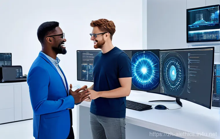 AI 윤리와 AI 개발자 책임 - **Prompt 2: Correcting AI Bias for Fairness**
    A stylized, clean digital art rendering of an AI d...