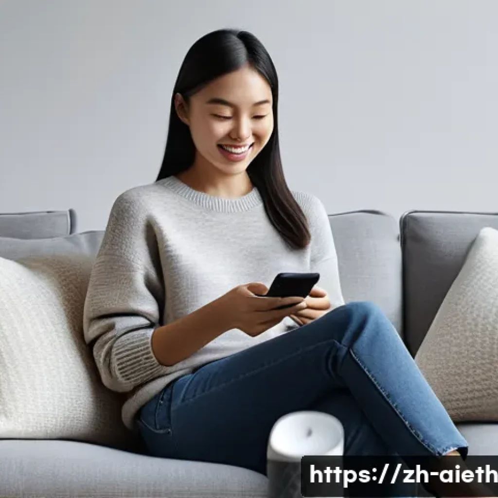 AI 윤리와 감시 사회 - A young woman, approximately 25 years old, of East Asian descent, sits comfortably on a minimalist s...