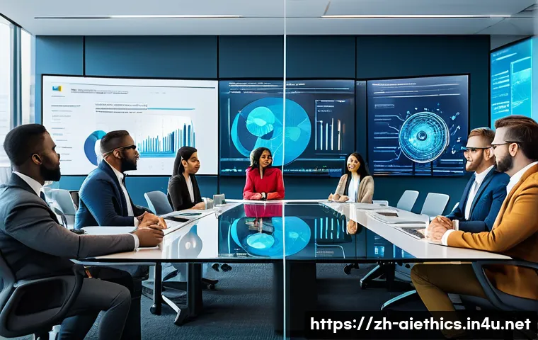 AI 윤리와 공정성 - A diverse team of professionals including data scientists, ethicists, and legal experts collaboratin...