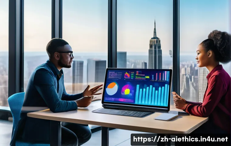 AI 윤리와 AI 윤리적 AI 인증제도 - A futuristic office scene showing a diverse team of AI developers and data scientists collaborating ...