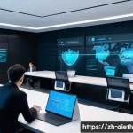AI 윤리와 국제 규범 - A futuristic, sleek AI data privacy control center with holographic interfaces displaying encrypted ...