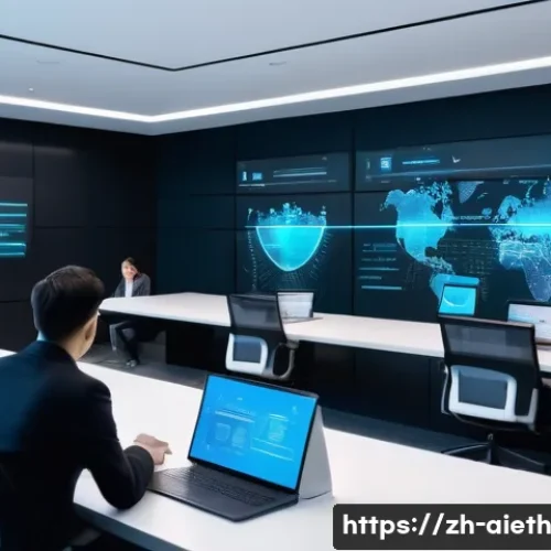 AI 윤리와 국제 규범 - A futuristic, sleek AI data privacy control center with holographic interfaces displaying encrypted ...