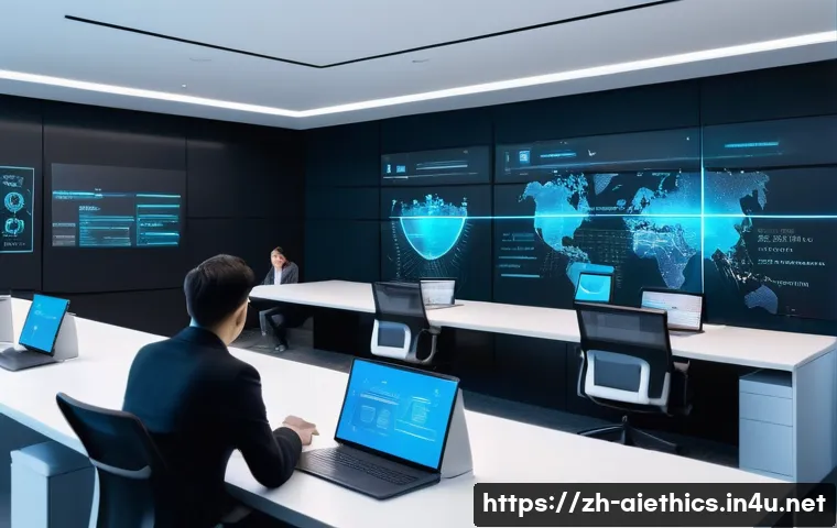 AI 윤리와 국제 규범 - A futuristic, sleek AI data privacy control center with holographic interfaces displaying encrypted ...