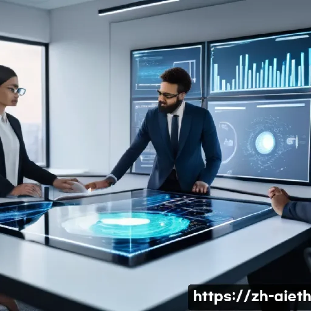 AI 윤리와 AI 윤리 교육 - A modern office scene showing a diverse team of professionals—including a data scientist, an ethicis...