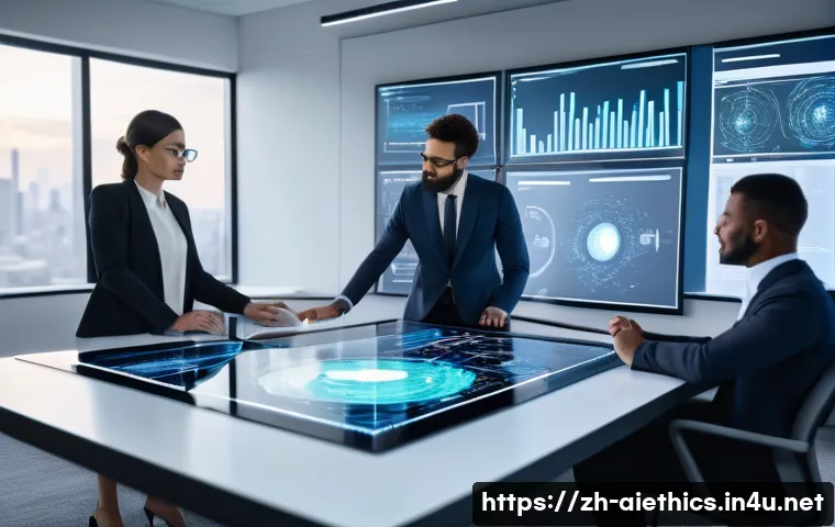 AI 윤리와 AI 윤리 교육 - A modern office scene showing a diverse team of professionals&mdash;including a data scientist, an ethicis...