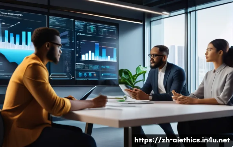 AI 윤리와 AI 윤리적 AI 국제 협력 - A modern digital workspace scene showing a diverse team of professionals&mdash;men and women of different ...