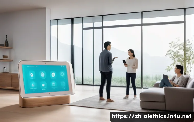 AI 윤리와 자동화 윤리 - A futuristic smart home interior scene illustrating the ethical challenges of data privacy: a divers...