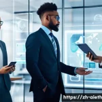 AI 윤리와 AI 윤리적 AI 연구소 - A futuristic office scene depicting diverse professionals collaborating with AI-powered transparent ...
