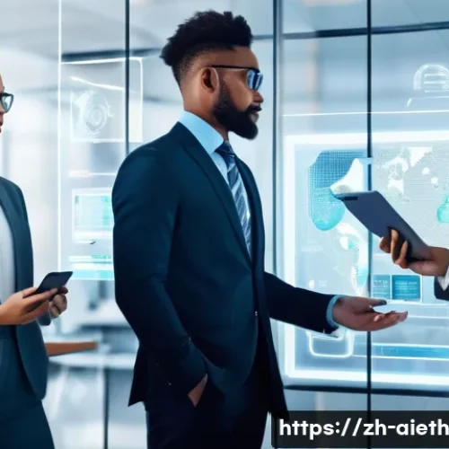 AI 윤리와 AI 윤리적 AI 연구소 - A futuristic office scene depicting diverse professionals collaborating with AI-powered transparent ...