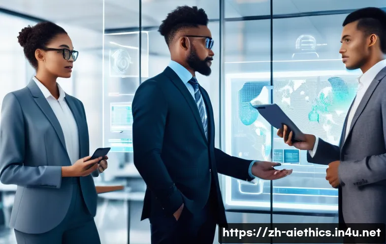 AI 윤리와 AI 윤리적 AI 연구소 - A futuristic office scene depicting diverse professionals collaborating with AI-powered transparent ...
