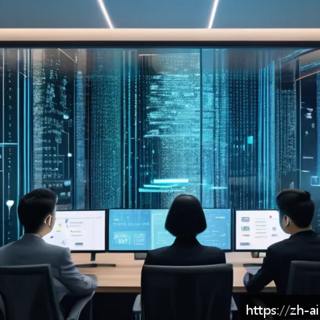 AI 윤리와 개인정보 익명화 - A modern digital privacy concept illustration showing a diverse group of professionals—engineers, la...