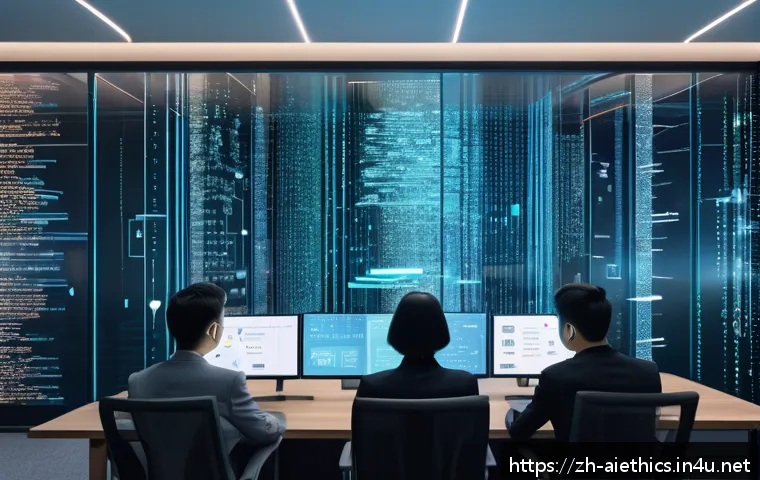 AI 윤리와 개인정보 익명화 - A modern digital privacy concept illustration showing a diverse group of professionals&mdash;engineers, la...