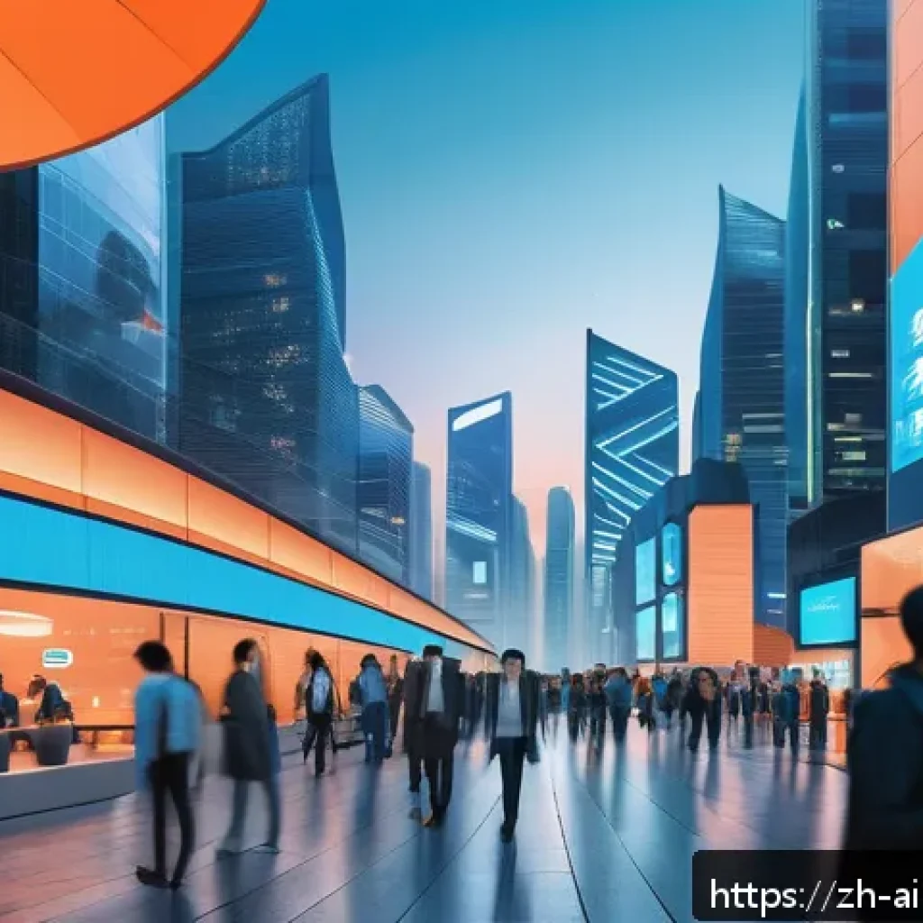 AI 윤리와 AI 사용 가이드 - A futuristic smart city scene at dusk, filled with diverse people interacting with various AI-powere...