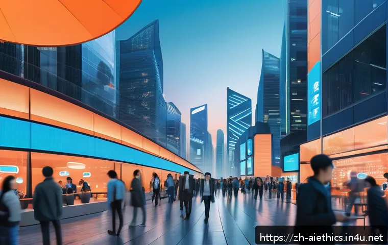 AI 윤리와 AI 사용 가이드 - A futuristic smart city scene at dusk, filled with diverse people interacting with various AI-powere...