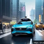 AI 윤리와 AI 윤리 전문가 - A futuristic urban scene showcasing autonomous vehicles navigating busy streets under diverse weathe...