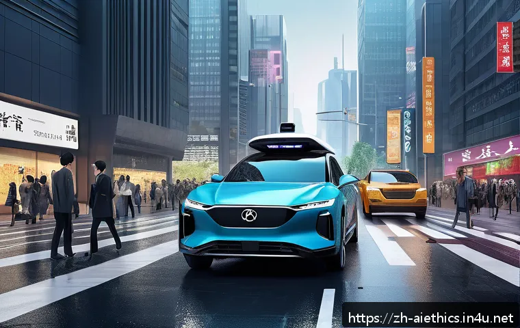 AI 윤리와 AI 윤리 전문가 - A futuristic urban scene showcasing autonomous vehicles navigating busy streets under diverse weathe...